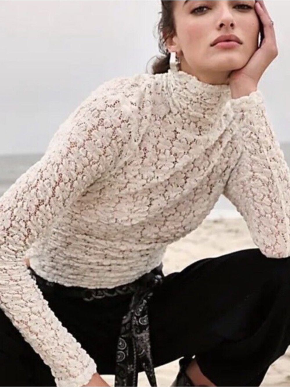 Free People intimately Day & Night Long-Sleeve Ruched Lace Bodysuit Ivory White - Picture 2 of 9